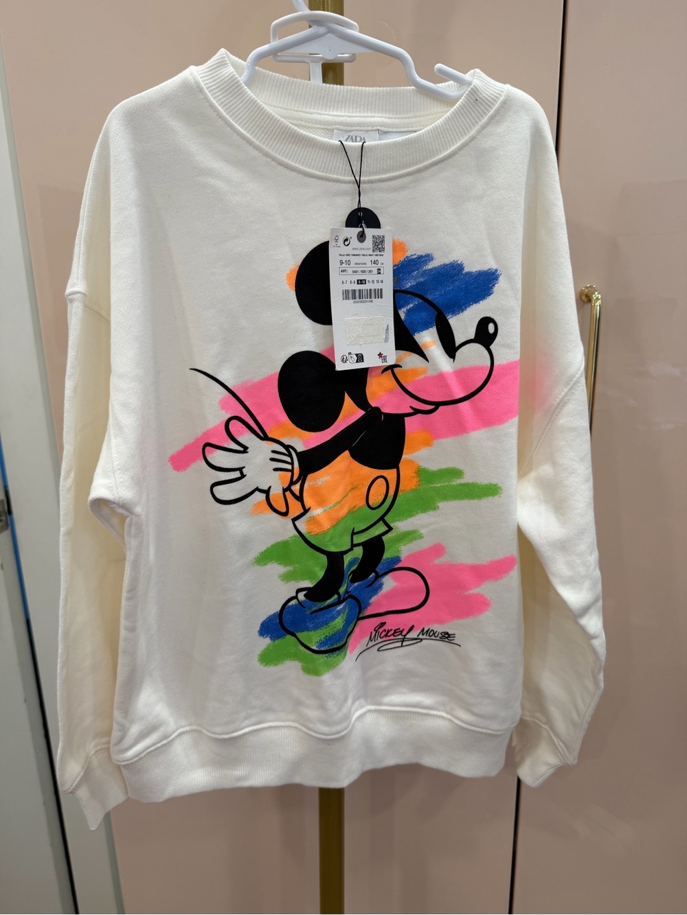 Zara Cream Sweatshirt with Neon Pink, Blue, Green & Orange Mickey Graphic